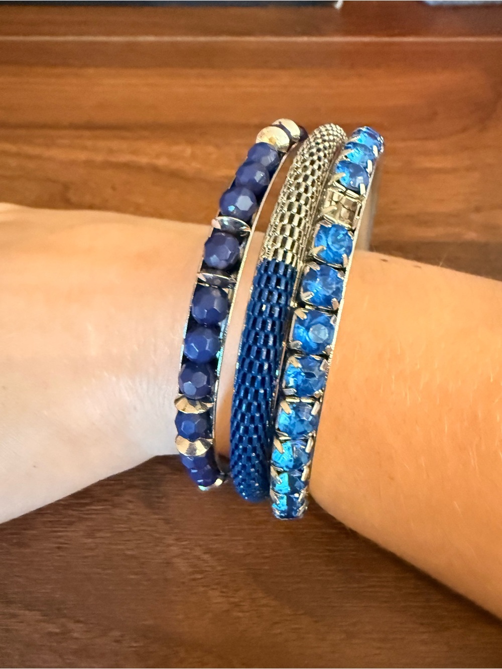 Blue Crystal and Mesh Stackable Bracelet Set - Women Jewelry